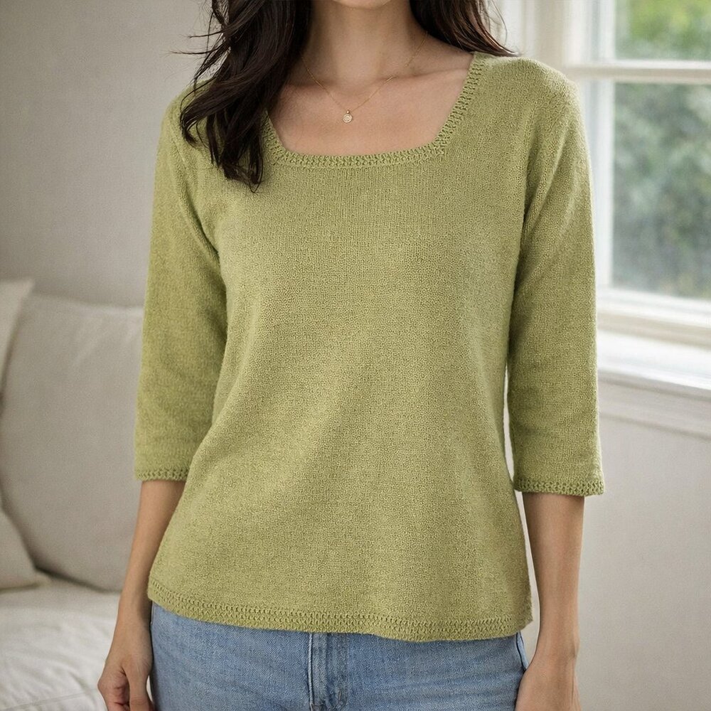 DressBarn Woman Square Neck 3/4 Sleeve Lightweight Knit Sweater Green 22/24